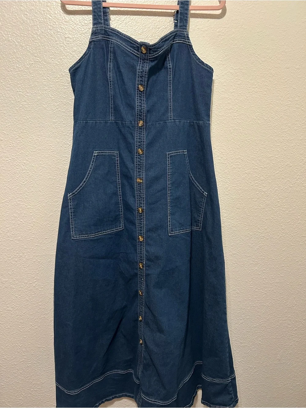 Button-Front Denim Maxi Dress with Square Neck - Blue